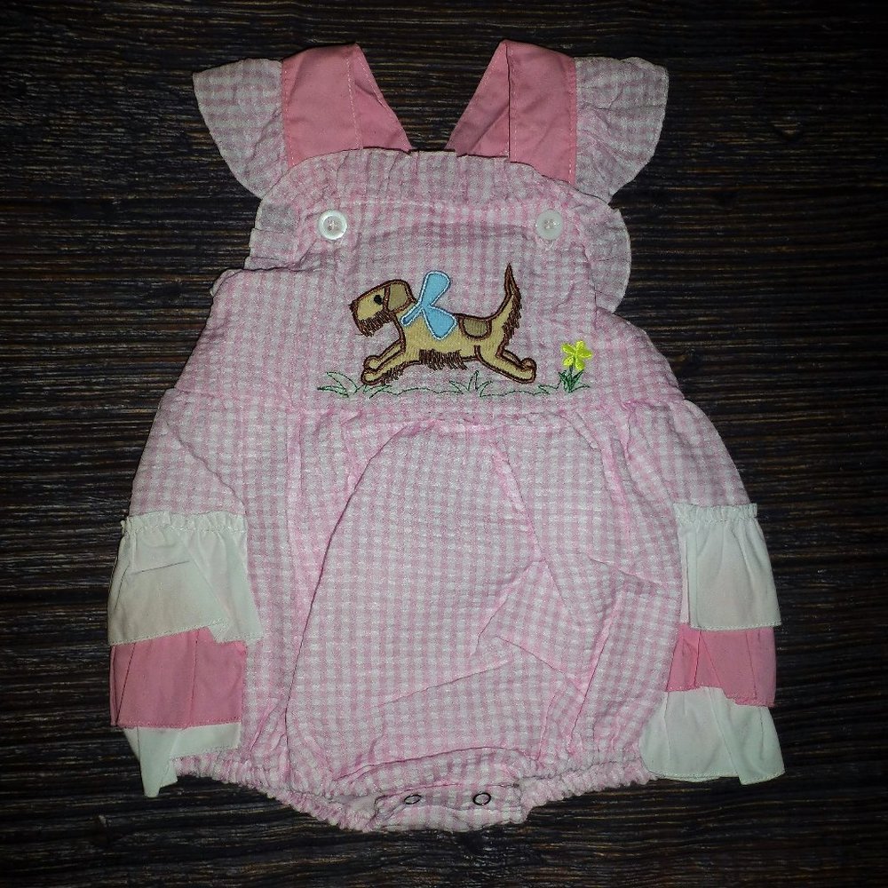 Boutique Baby Girls Puppy Dog Pink Gingham Ruffle Romper Jumpsuit
